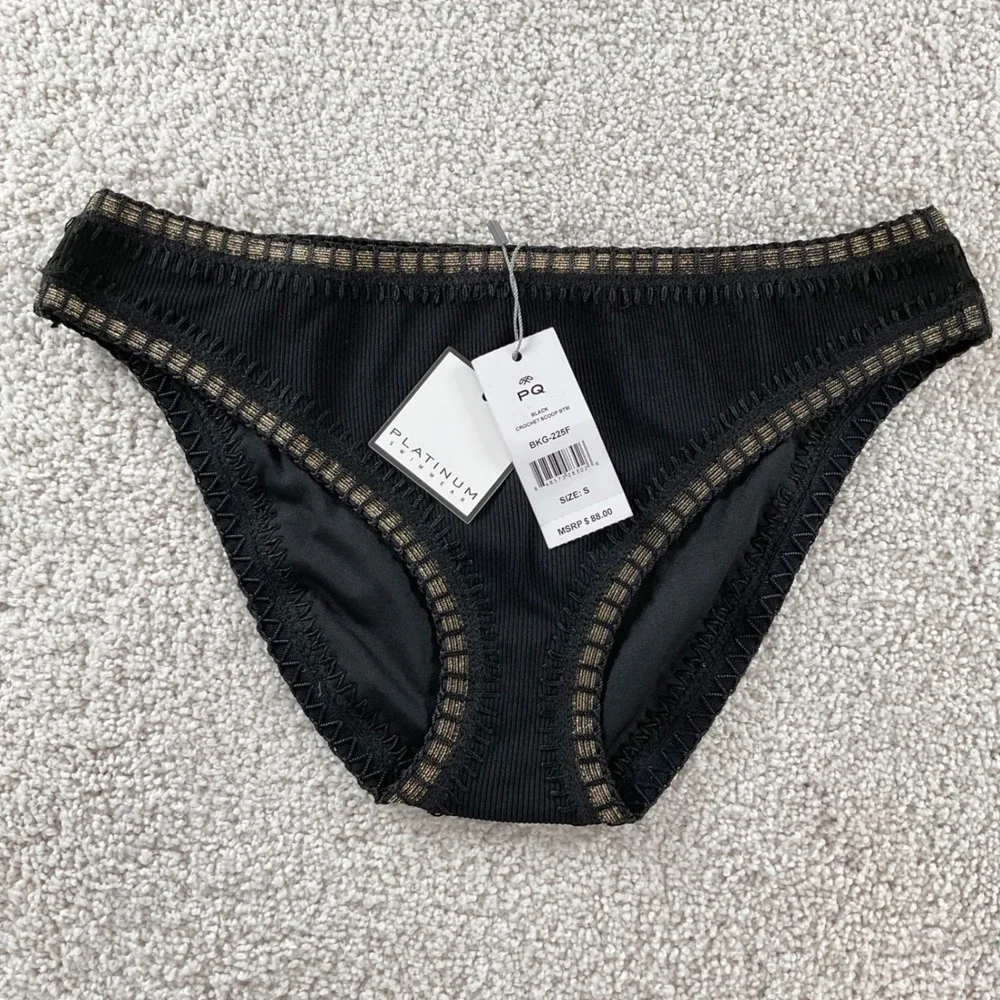 PQ Swim Platinum Black Gold Crochet Scoop Bikini Bottom Ribbed Women's Small NEW